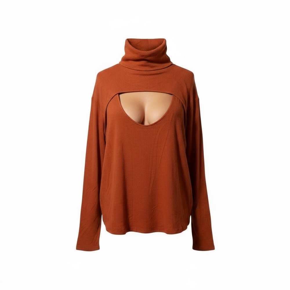 VENUS Rust Ribbed Cutout Turtleneck Top | Size 2X | Long Sleeve Knitted‎
